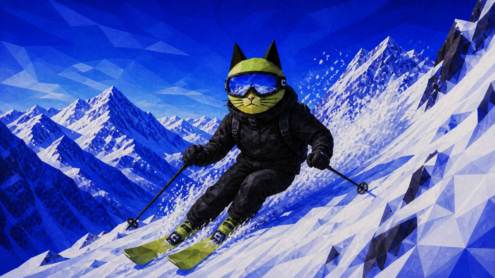 Ski Mask Cat descending a steep mountain chute