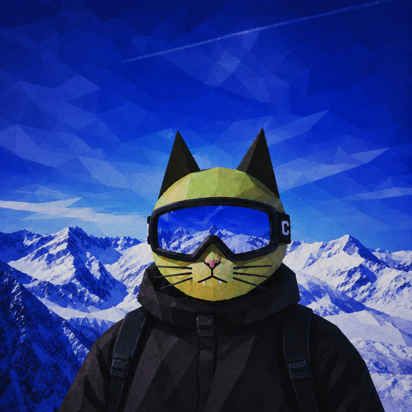 Ski Mask Cat wearing blue goggles above the mountains